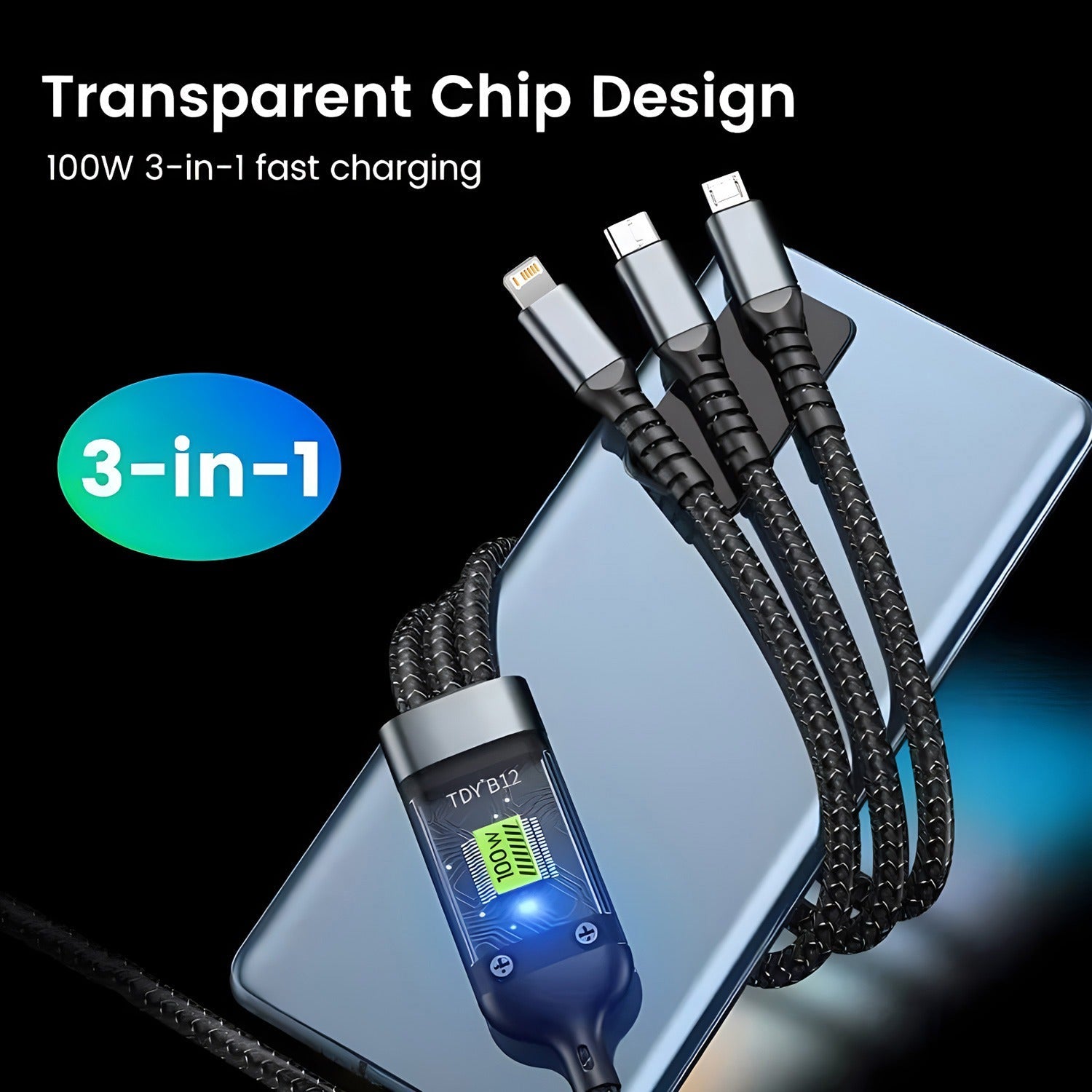100W 5A Fast Charging 3-in-1 USB Cable
